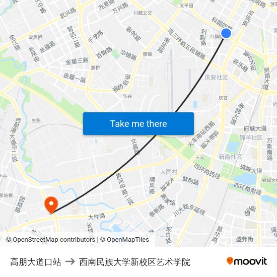 高朋大道口站 to 西南民族大学新校区艺术学院 map