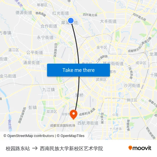 校园路东站 to 西南民族大学新校区艺术学院 map