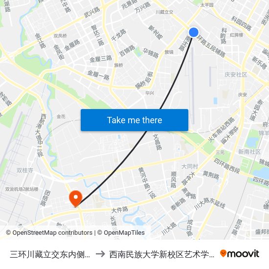 三环川藏立交东内侧站 to 西南民族大学新校区艺术学院 map