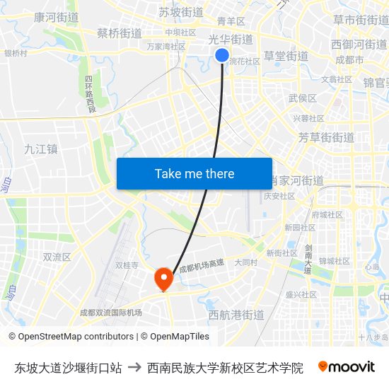 东坡大道沙堰街口站 to 西南民族大学新校区艺术学院 map