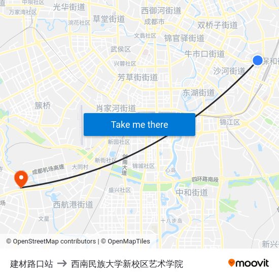 建材路口站 to 西南民族大学新校区艺术学院 map
