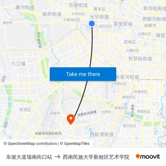 东坡大道瑞南街口站 to 西南民族大学新校区艺术学院 map