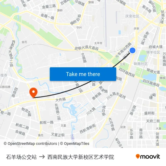 石羊场公交站 to 西南民族大学新校区艺术学院 map