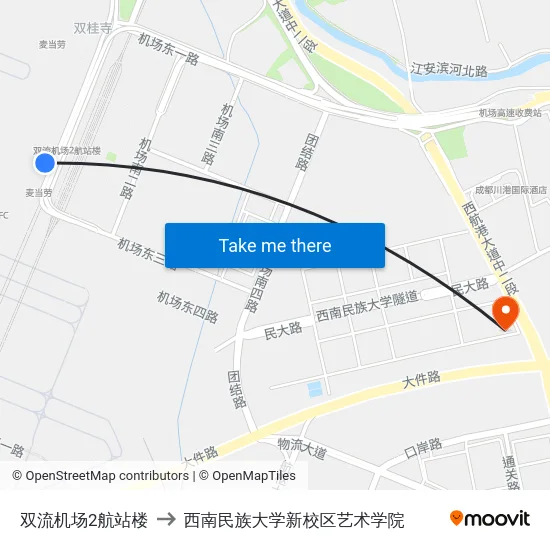 双流机场2航站楼 to 西南民族大学新校区艺术学院 map