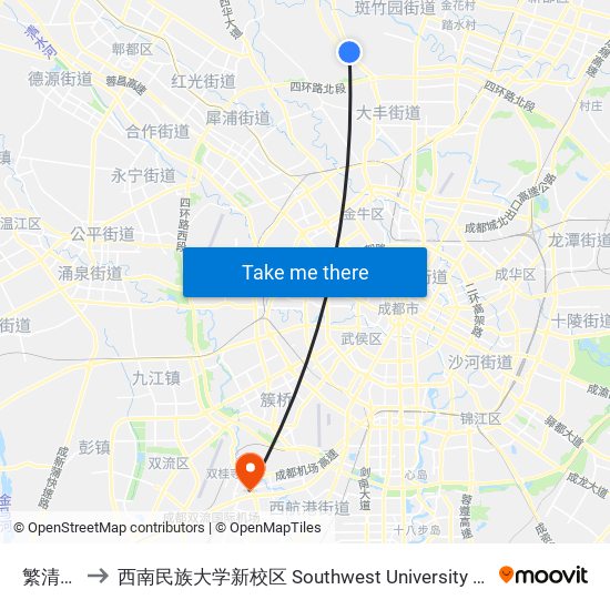 繁清家具厂 to 西南民族大学新校区 Southwest University for Nationalities (New Campus) map