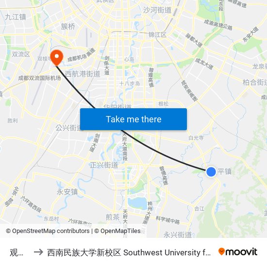 观光大道 to 西南民族大学新校区 Southwest University for Nationalities (New Campus) map