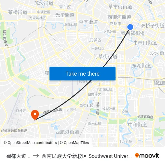 蜀都大道红星路口站 to 西南民族大学新校区 Southwest University for Nationalities (New Campus) map