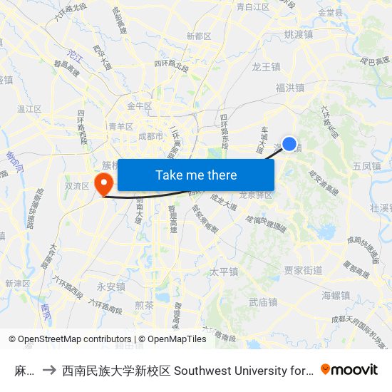 麻柳堰 to 西南民族大学新校区 Southwest University for Nationalities (New Campus) map
