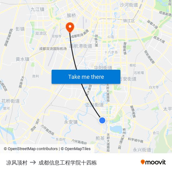 凉风顶村 to 成都信息工程学院十四栋 map