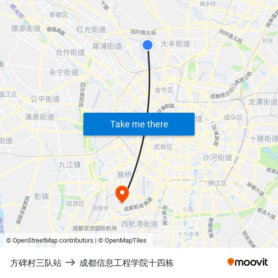 方碑村三队站 to 成都信息工程学院十四栋 map