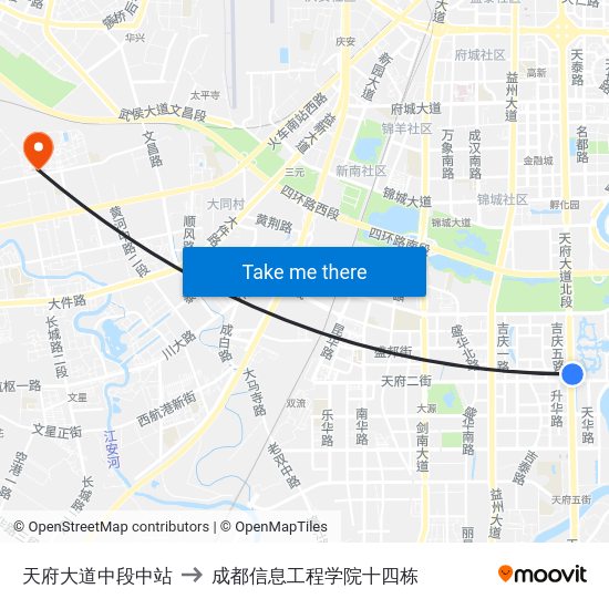 天府大道中段中站 to 成都信息工程学院十四栋 map