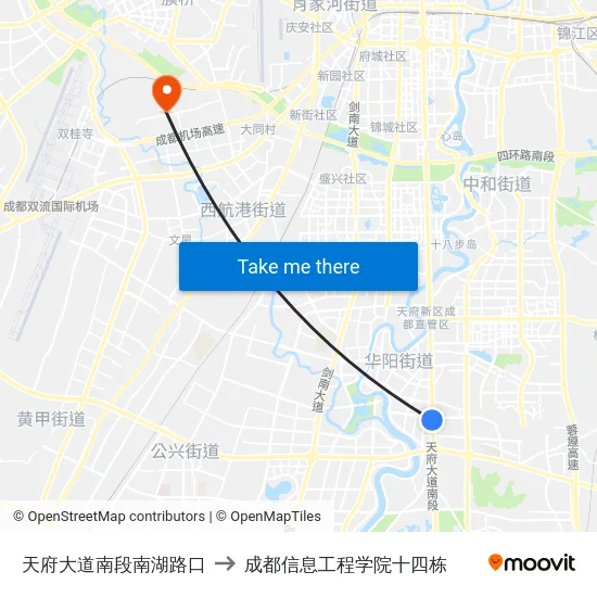 天府大道南段南湖路口 to 成都信息工程学院十四栋 map