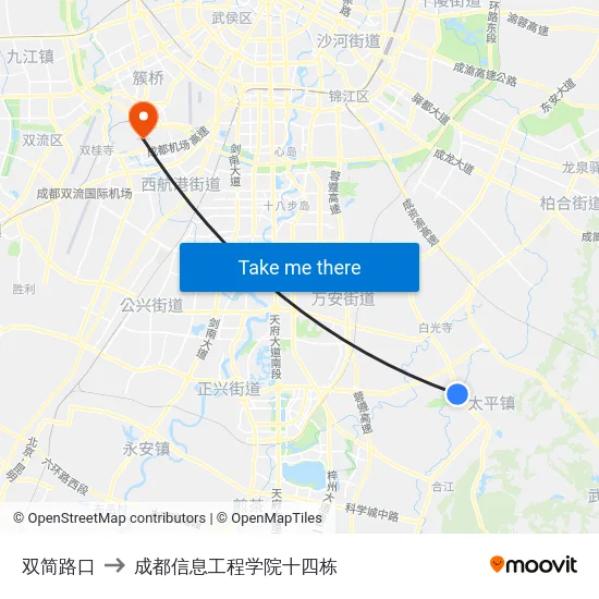 双简路口 to 成都信息工程学院十四栋 map