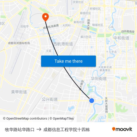 牧华路站华路口 to 成都信息工程学院十四栋 map