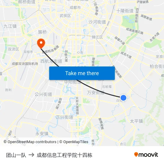 团山一队 to 成都信息工程学院十四栋 map