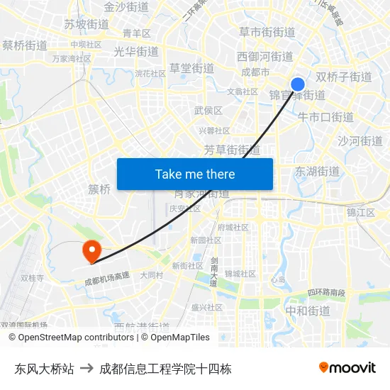 东风大桥站 to 成都信息工程学院十四栋 map