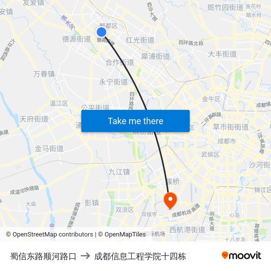 蜀信东路顺河路口 to 成都信息工程学院十四栋 map