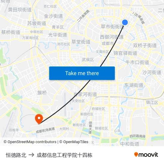 恒德路北 to 成都信息工程学院十四栋 map