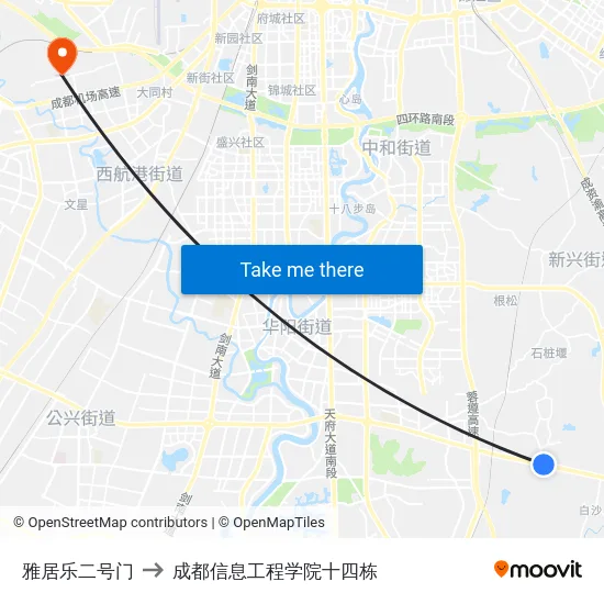 雅居乐二号门 to 成都信息工程学院十四栋 map