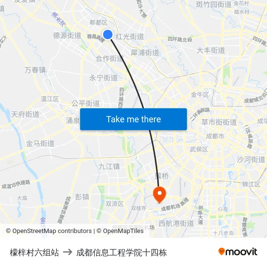 檬梓村六组站 to 成都信息工程学院十四栋 map