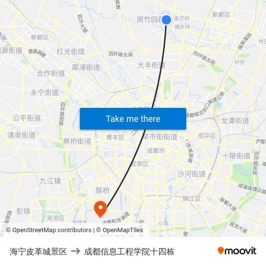 海宁皮革城景区 to 成都信息工程学院十四栋 map
