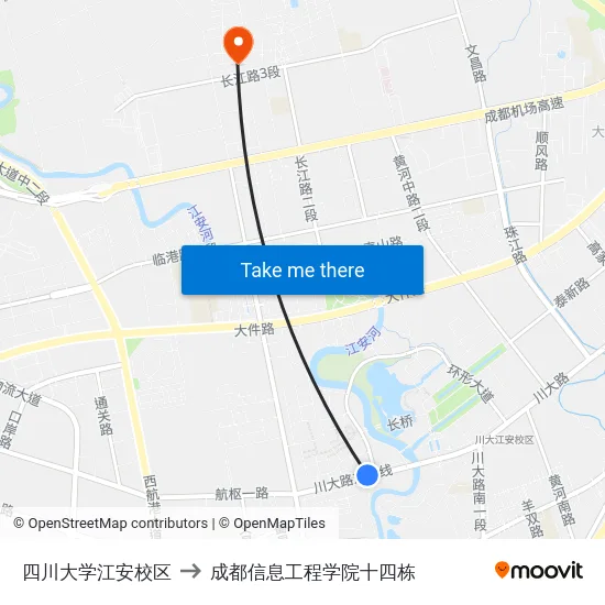 四川大学江安校区 to 成都信息工程学院十四栋 map