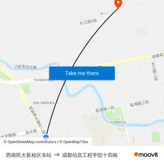 西南民大新校区东站 to 成都信息工程学院十四栋 map