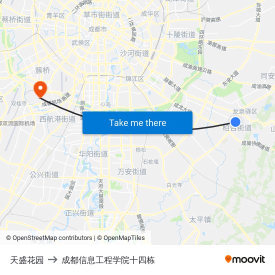 天盛花园 to 成都信息工程学院十四栋 map