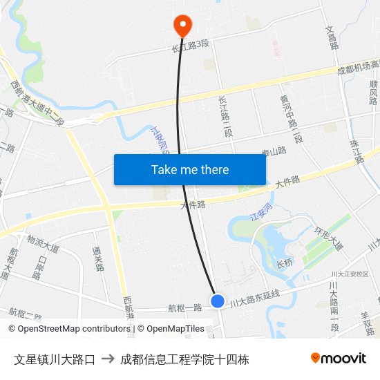 文星镇川大路口 to 成都信息工程学院十四栋 map