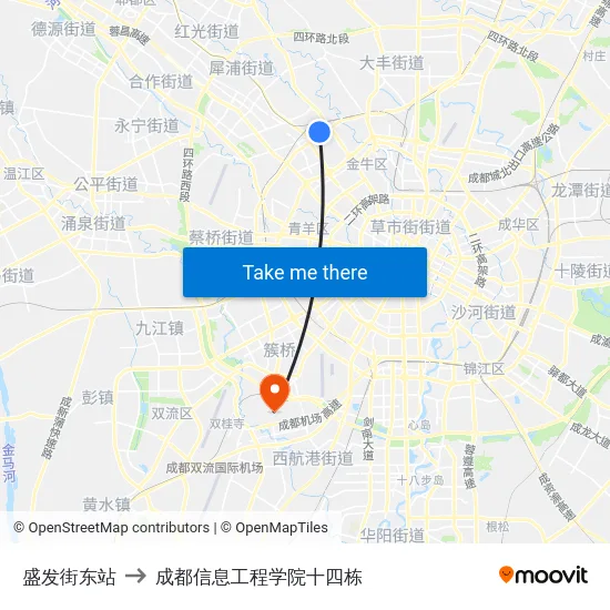 盛发街东站 to 成都信息工程学院十四栋 map