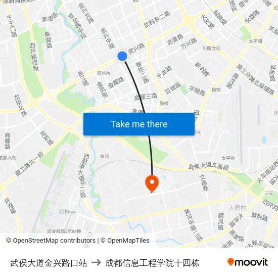 武侯大道金兴路口站 to 成都信息工程学院十四栋 map