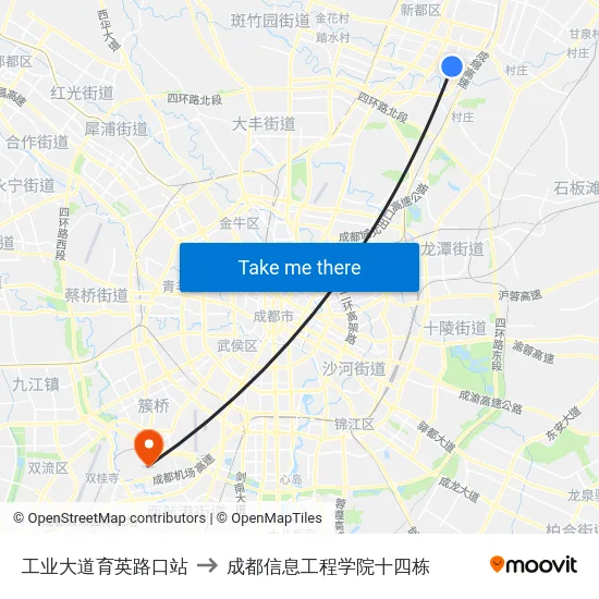 工业大道育英路口站 to 成都信息工程学院十四栋 map