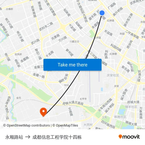 永顺路站 to 成都信息工程学院十四栋 map