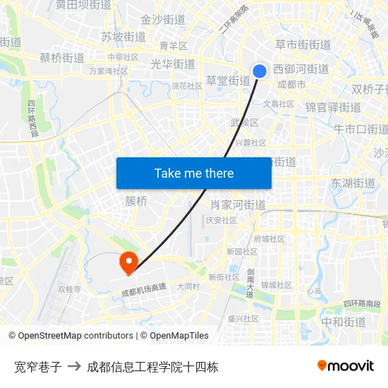宽窄巷子 to 成都信息工程学院十四栋 map