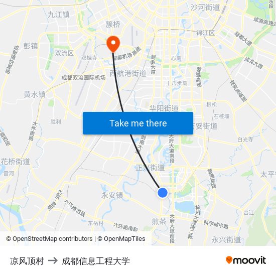 凉风顶村 to 成都信息工程大学 map