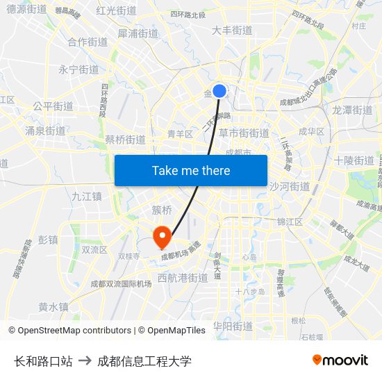 长和路口站 to 成都信息工程大学 map