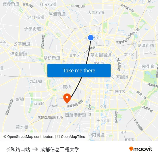 长和路口站 to 成都信息工程大学 map