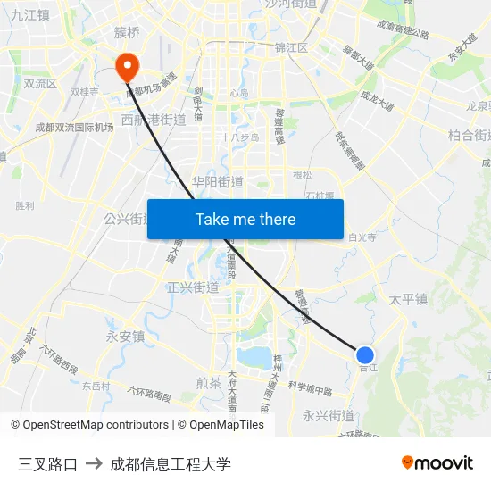 三叉路口 to 成都信息工程大学 map