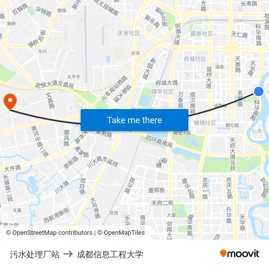 污水处理厂站 to 成都信息工程大学 map