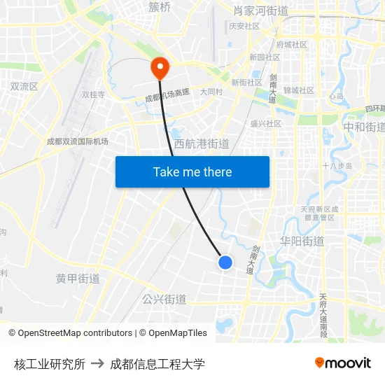 核工业研究所 to 成都信息工程大学 map