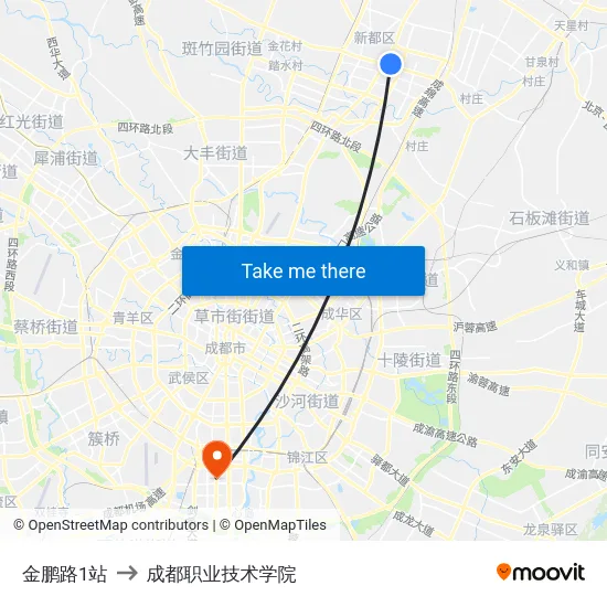 金鹏路1站 to 成都职业技术学院 map