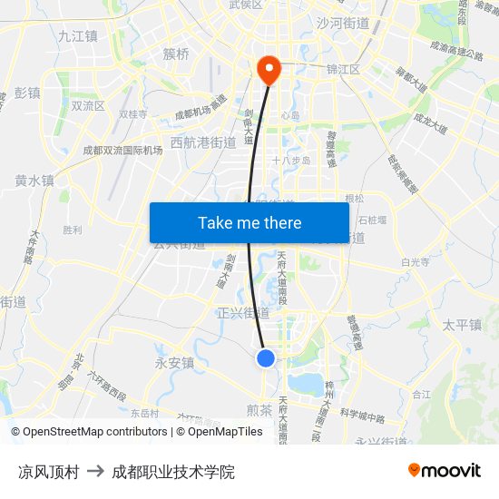 凉风顶村 to 成都职业技术学院 map