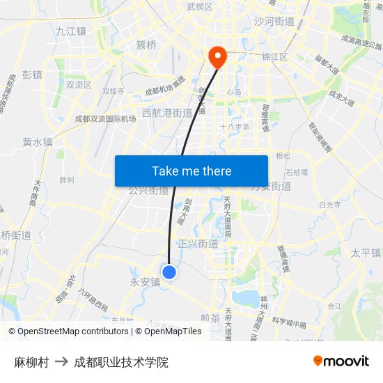 麻柳村 to 成都职业技术学院 map