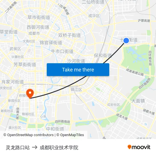 灵龙路口站 to 成都职业技术学院 map