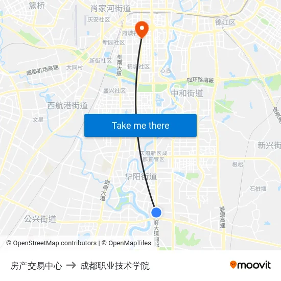 房产交易中心 to 成都职业技术学院 map