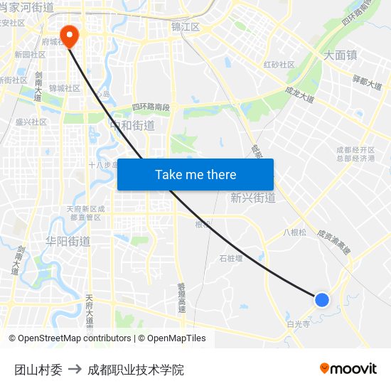 团山村委 to 成都职业技术学院 map