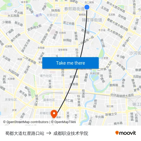 蜀都大道红星路口站 to 成都职业技术学院 map