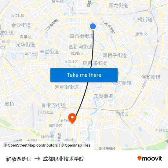 解放西街口 to 成都职业技术学院 map