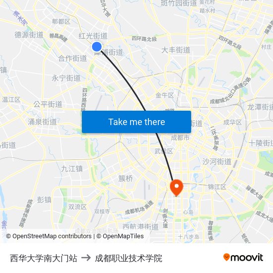 西华大学南大门站 to 成都职业技术学院 map
