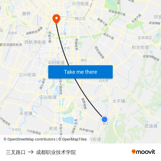 三叉路口 to 成都职业技术学院 map